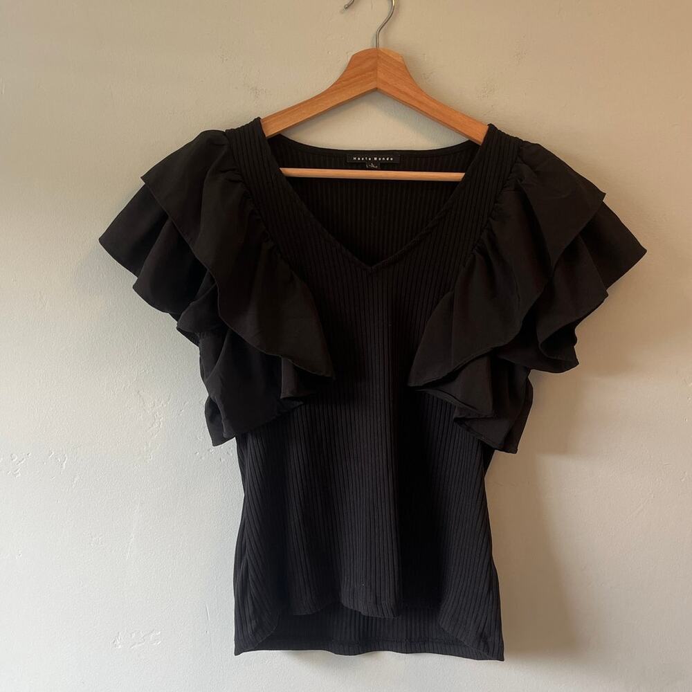 Haute Monde Black Ribbed V-Neck Blouse with Ruffle Sleeves